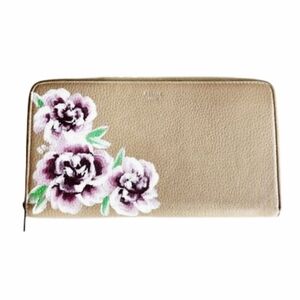 Authentic Celine Continental Zip Leather Wallet, Handpainted with Plum Roses